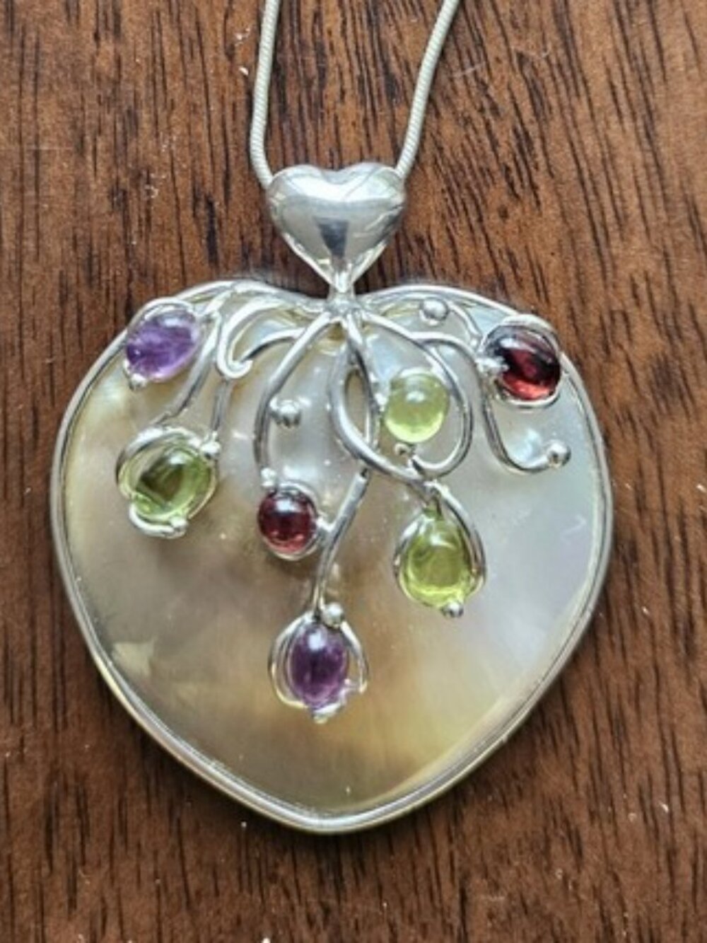 Mother-of-Pearl Heart Pendant With Multicolor Gems